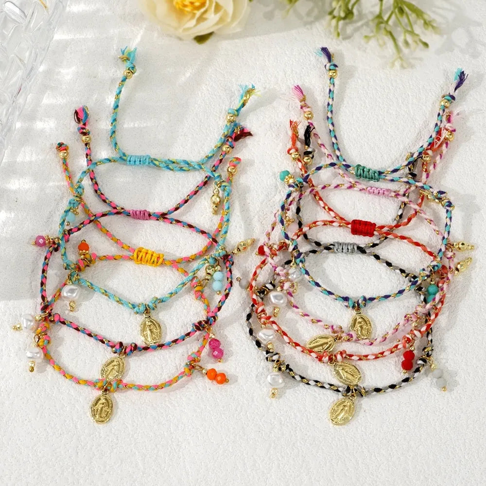 Colourful hand-woven braided rope bracelet for women in ethnic jewellery style
