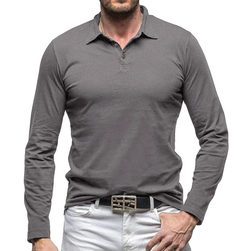 Men's long sleeve polo collar cotton T-shirt in American retro style, shown in dark grey.