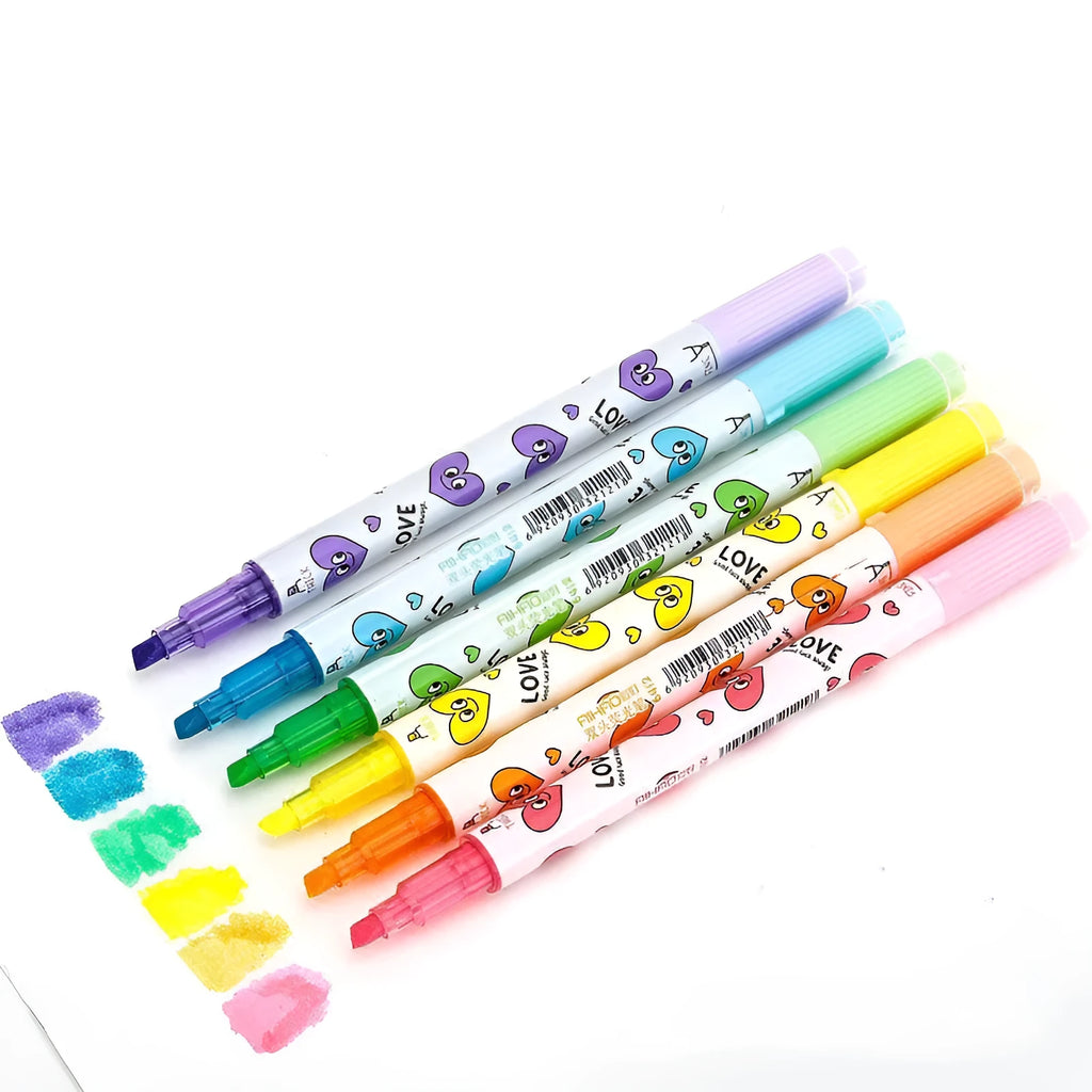 Six double-headed highlighters showing pink, orange, yellow, green, blue, and purple tips, with 15cm body and plug-in design.