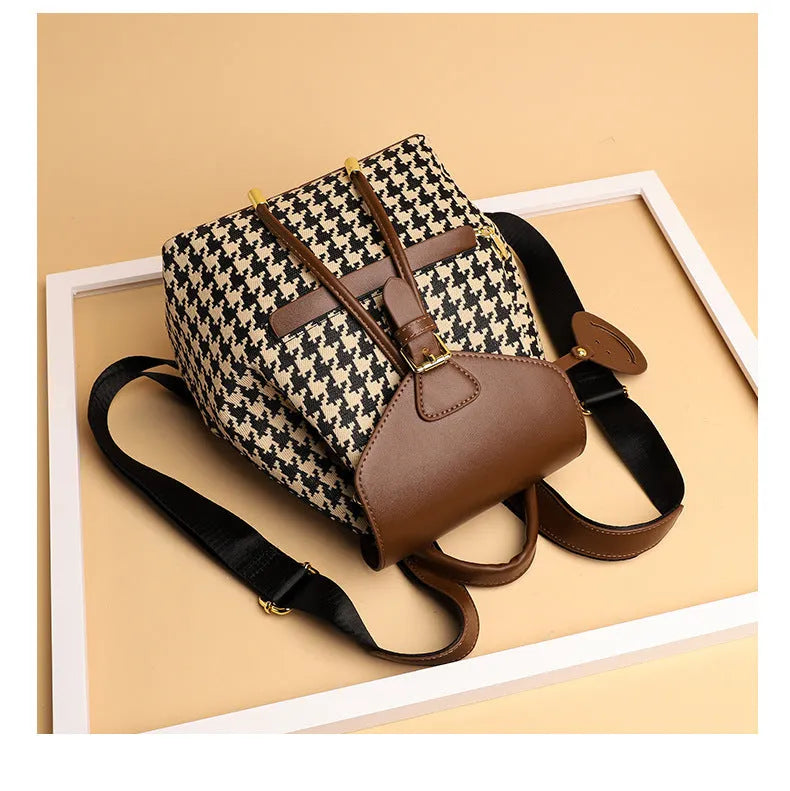 Houndstooth women's medium backpack Ostrich with Khaki contrast colour PU cover opening with car stitching