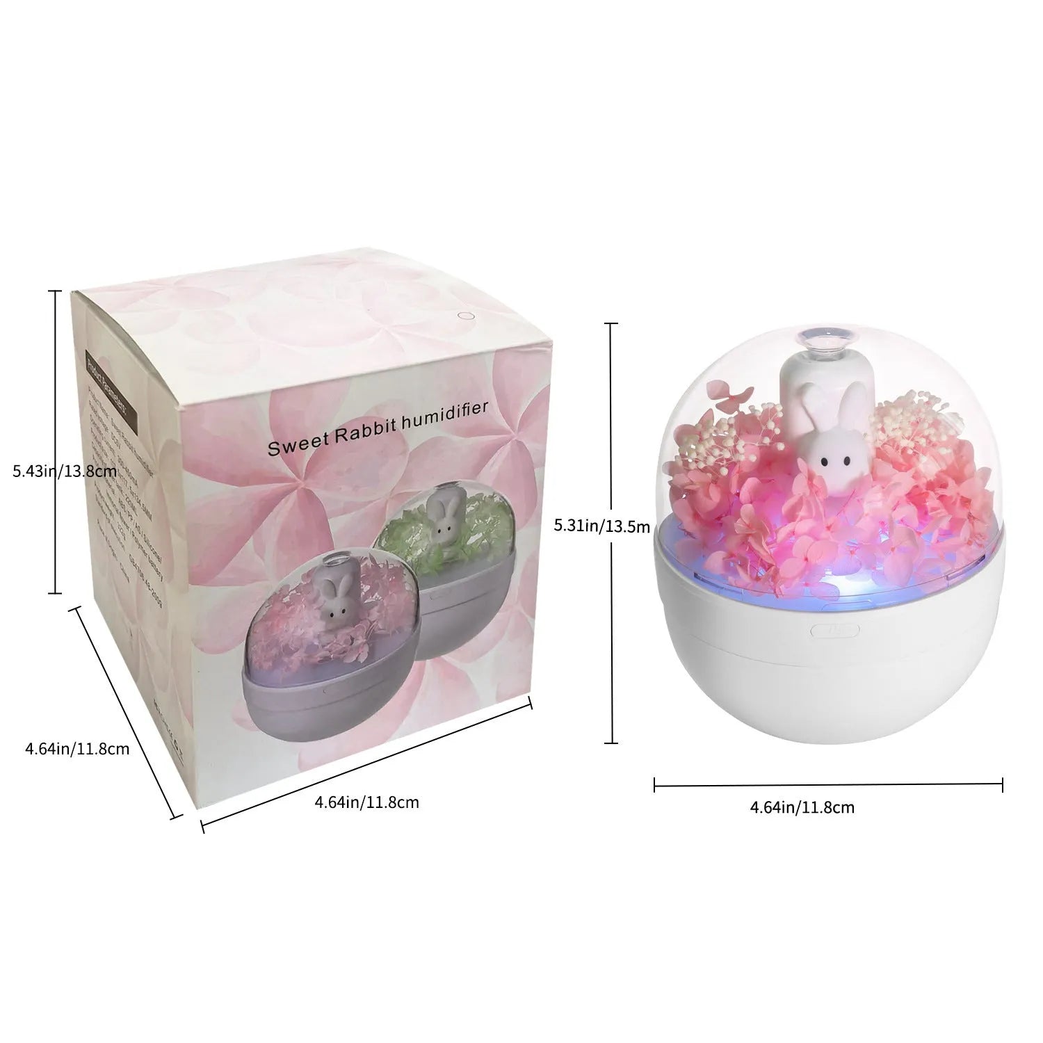 Pink ceramic rabbit vase with preserved flowers, functioning as an ultrasonic aromatherapy humidifier.