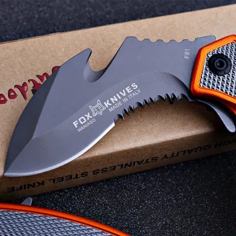 Orange steel handle folding knife with 8.2cm 5CR15MOV blade for camping and tactical use