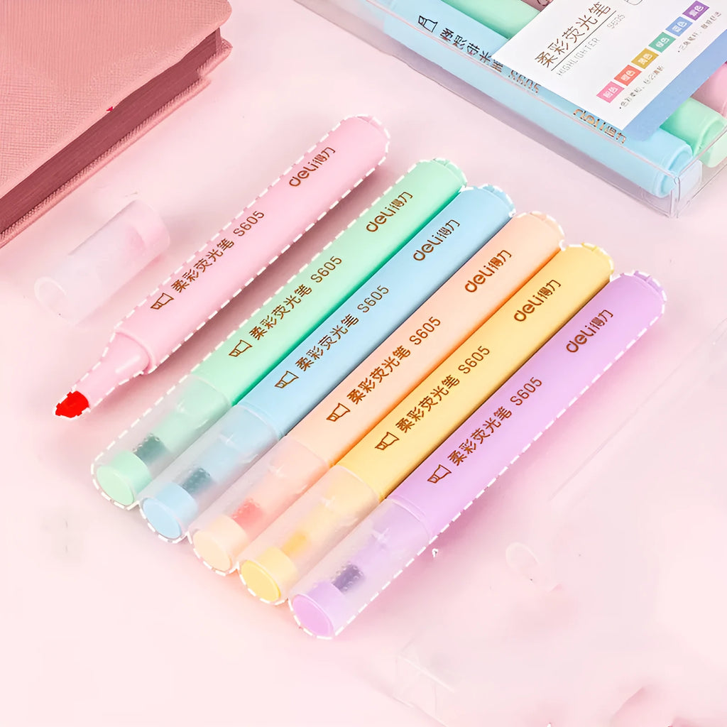Deli S605 highlighter pens in macaron and crystal colours with oblique fibre tips.