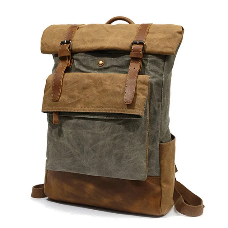 Canvas vintage backpack in khaki showing front zipper pocket and curved shoulder straps with retro square shape