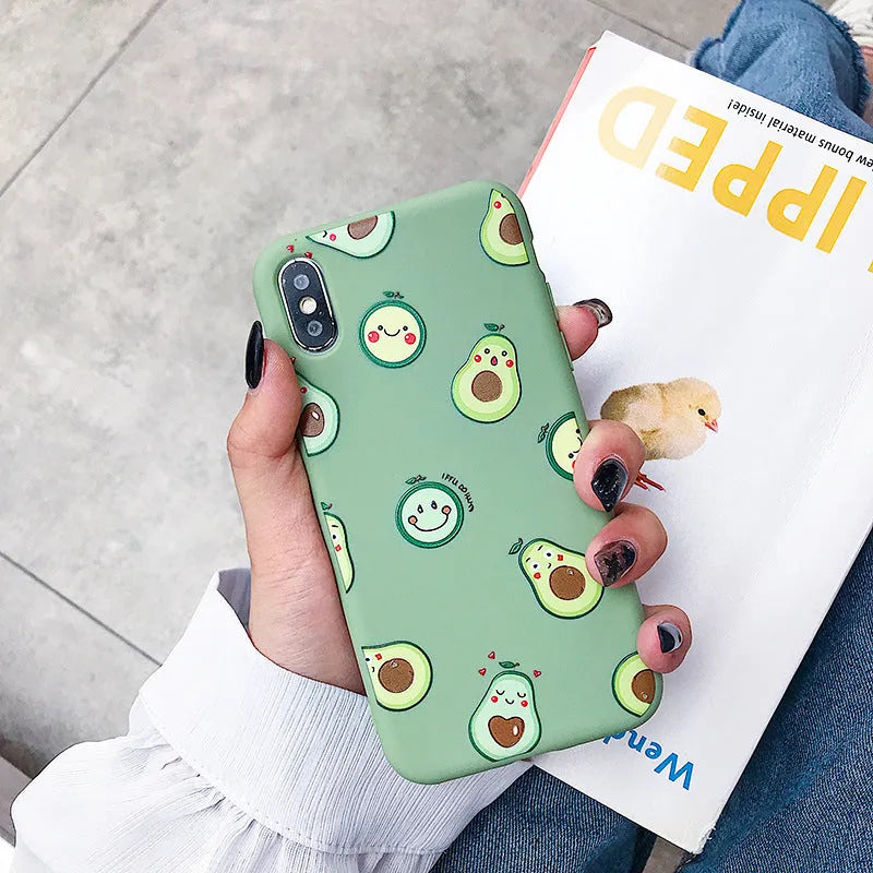 Cartoon avocado design on a green and pink TPU iPhone back cover for iPhone 11.