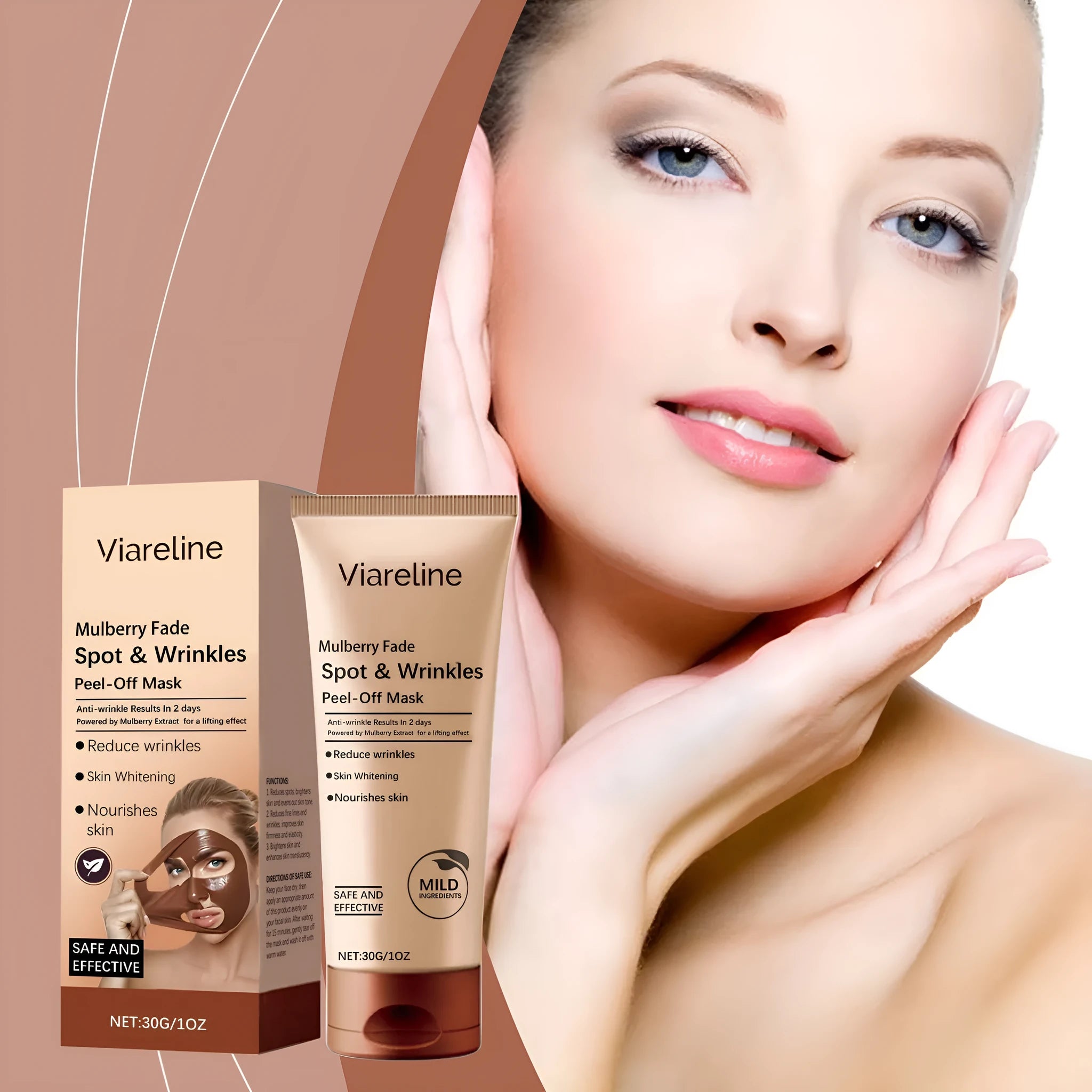 Single 30g sheet facial mask with arbutin, hyaluronic acid and collagen formula.
