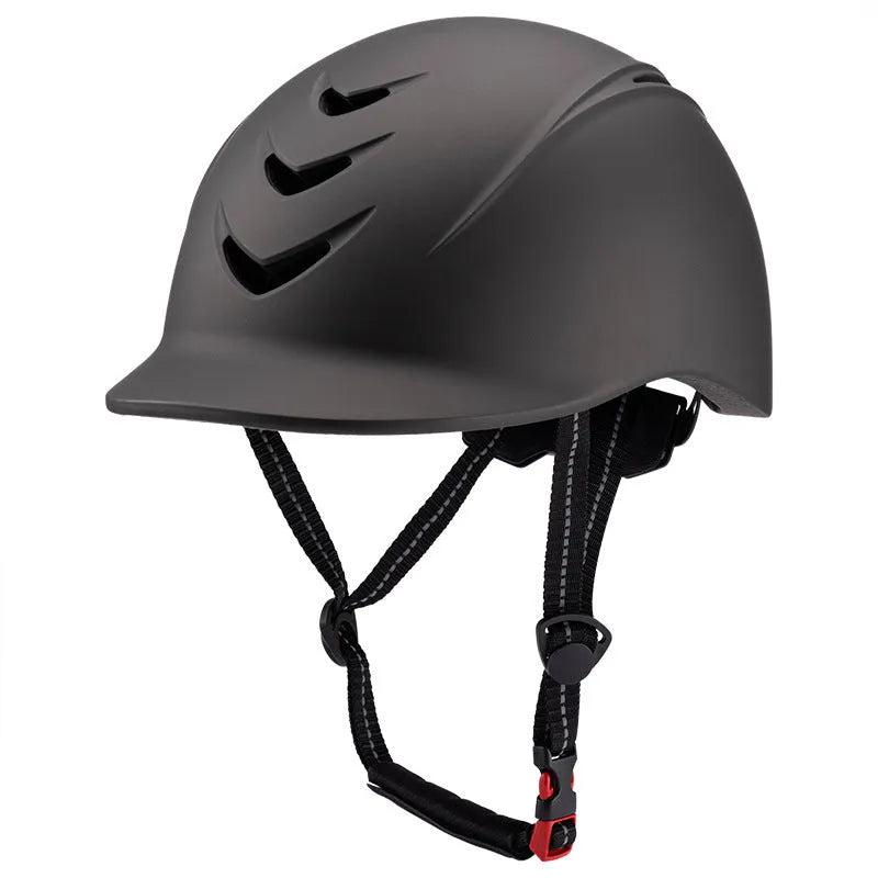 Horse racing helmet in solid titanium colour with ABS shell, EPS foam liner, and attached visor on neutral background