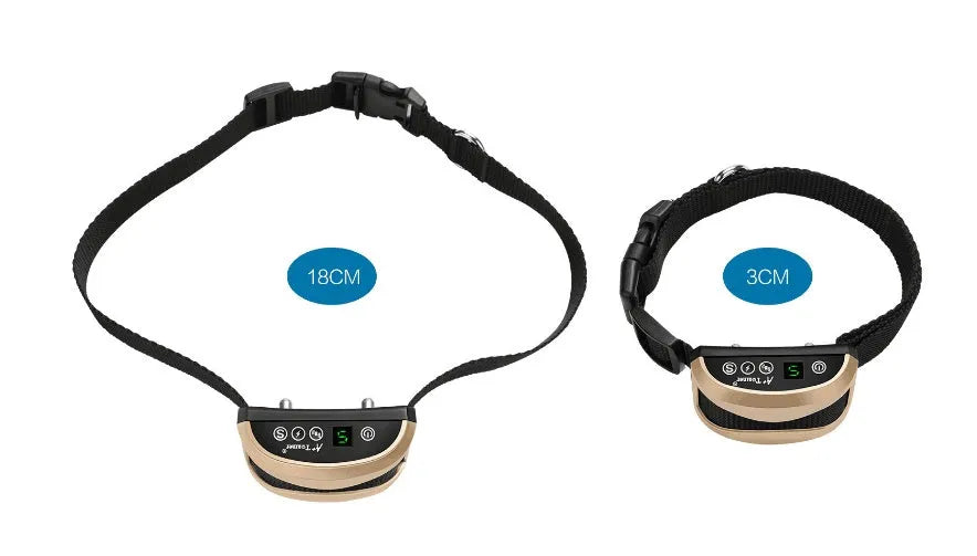Digital bark training collar with adjustable strap on black, gold, and silver colour backgrounds