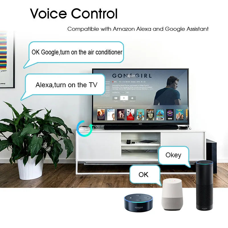 White universal remote control with infrared and RF dual-mode operation.