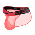 Men's transparent ice silk briefs in red, featuring a low waist and large V gradient design.