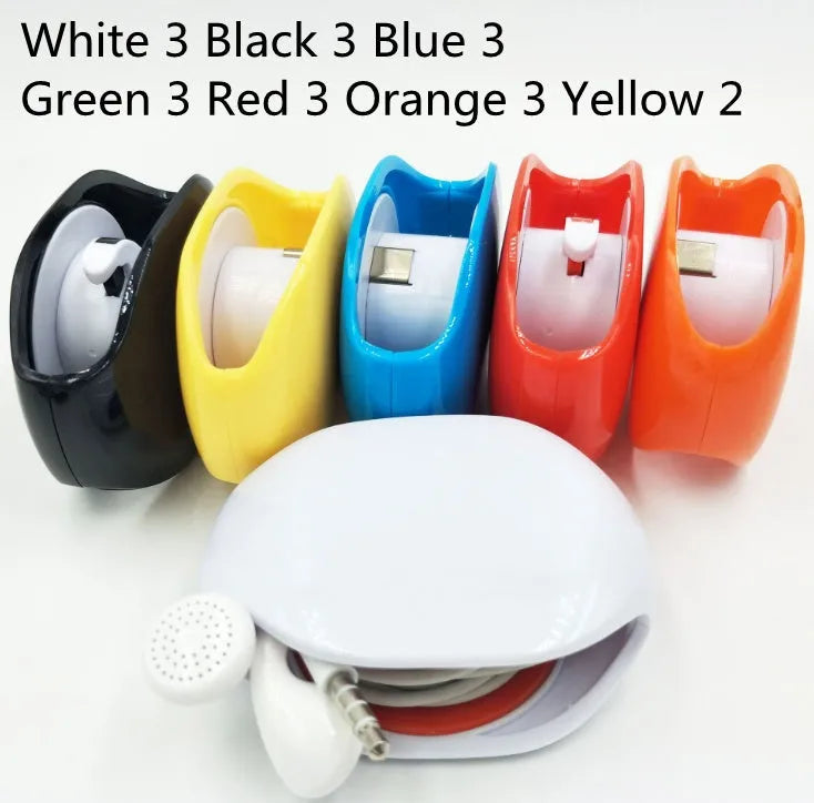 Automatic earphone cable winder unit in blue showing retracted cable, next to a black unit for size comparison.