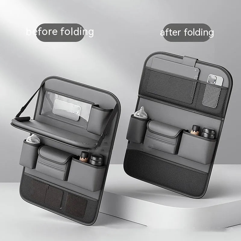 Leather car seat storage bag with fold-out table in black, grey, green, or brown
