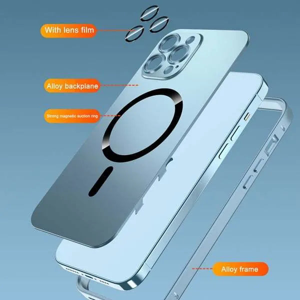 Aluminium alloy frame iPhone case with magnetic back and glass camera lens cover in dark purple colour