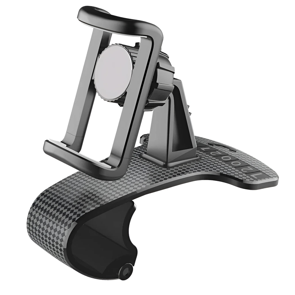 Black car phone stand with 360-degree rotating head and adjustable side grips for smartphones.