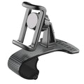 Black car phone stand with 360-degree rotating head and adjustable side grips for smartphones.