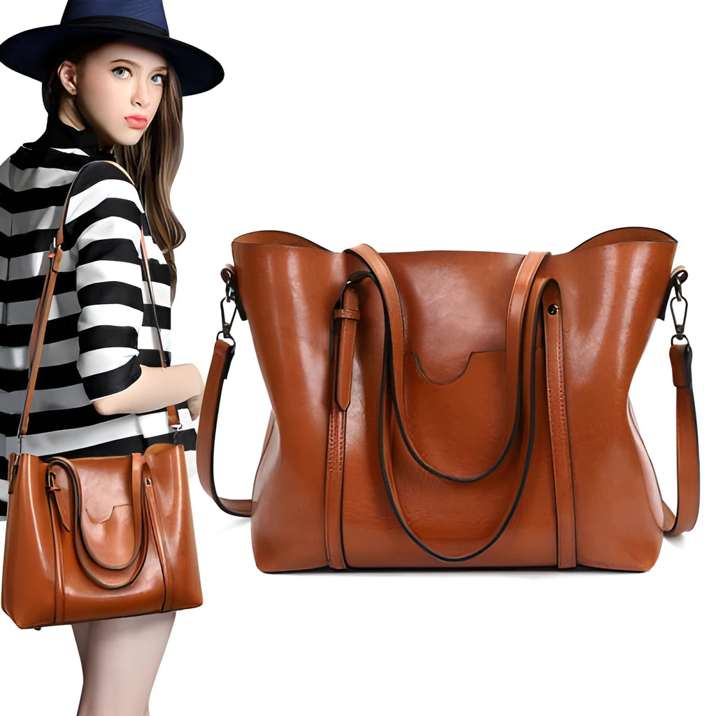 Retro-style brown PU messenger bag with top handles and a shoulder strap, shown open to reveal polyester cotton lining.