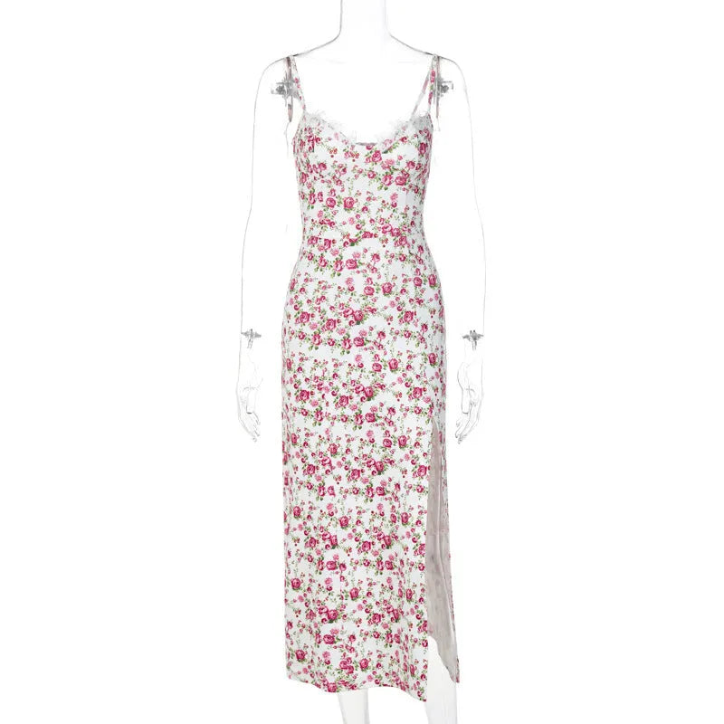 Women's lace flowers print long dress with adjustable suspenders and side slit in blue, green, or red