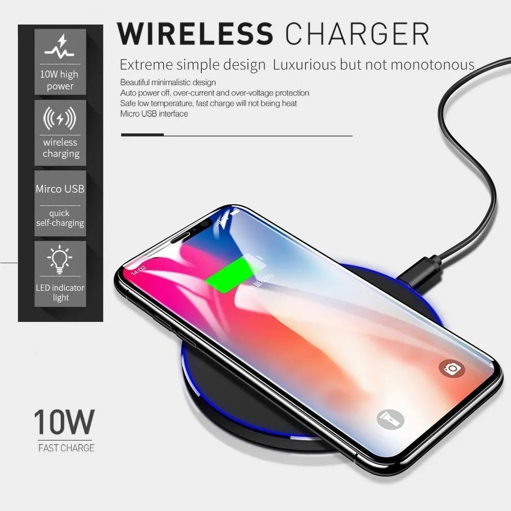 Black ultra-thin wireless charging pad with USB cable for 9V fast charging