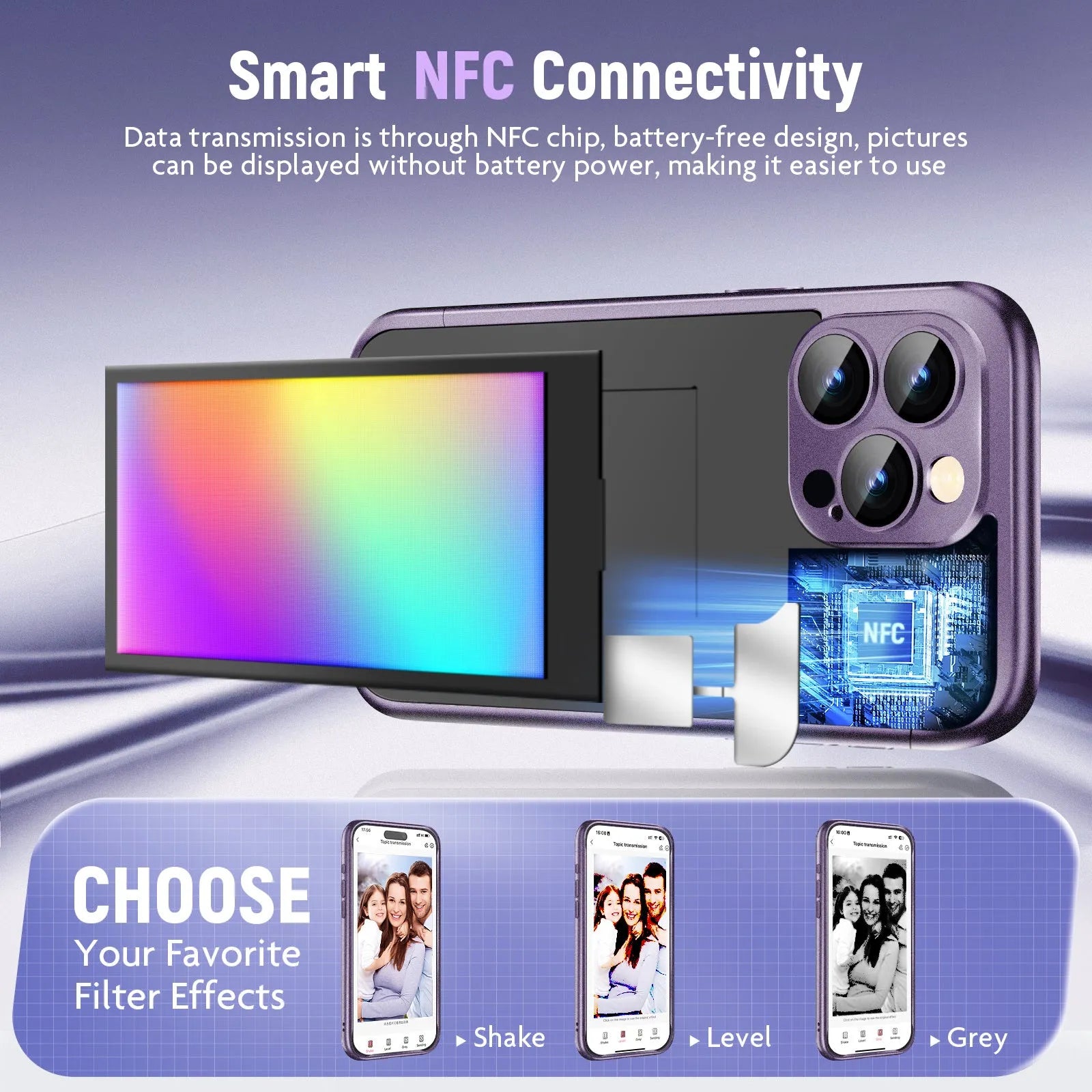 iPhone 15 Pro flip phone case with NFC ink screen in black and purple colour options