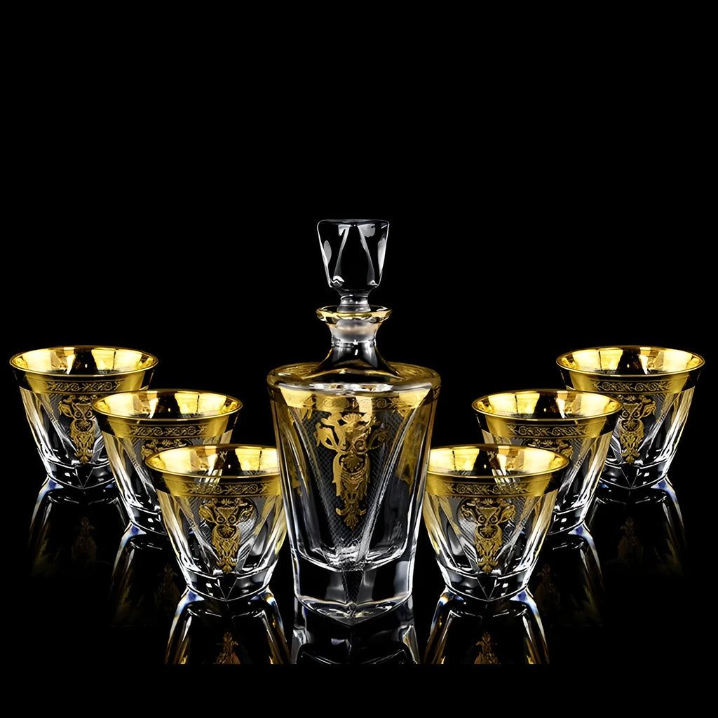 Crystal glass whisky tumbler set with gold line detailing, Nordic style, one wine bottle and six glasses on table