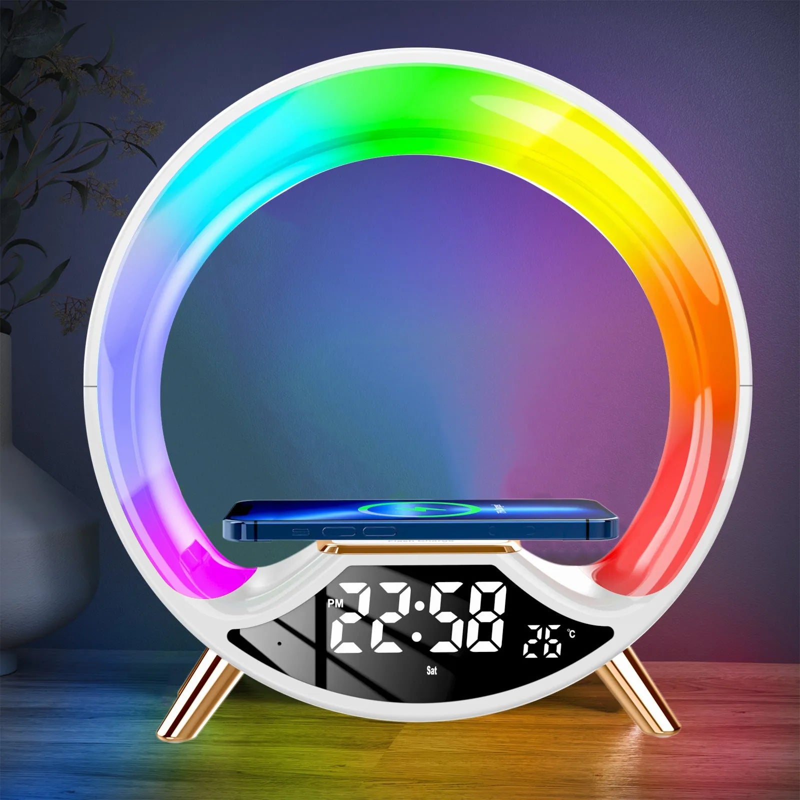 Multifunctional bedside lamp with wireless charging surface, Bluetooth speaker and adjustable night light in black, white or dark green