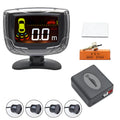 Wireless reversing sensor kit for cars with main unit, four ultrasonic probes, LED display, and installation tools.