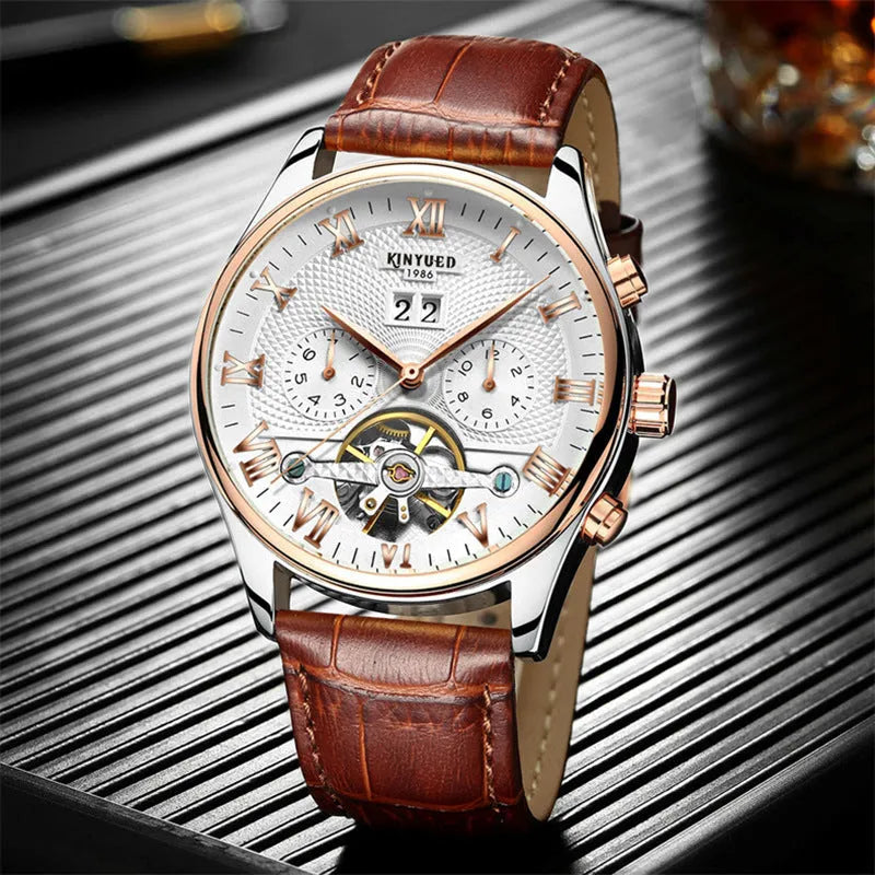 Automatic hollow tourbillon mechanical watch for men round alloy case 42mm dial leather band
