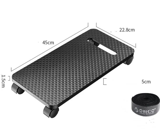 Orico black steel CPU floor stand with wheels holding a desktop PC tower, anti-skid pads visible
