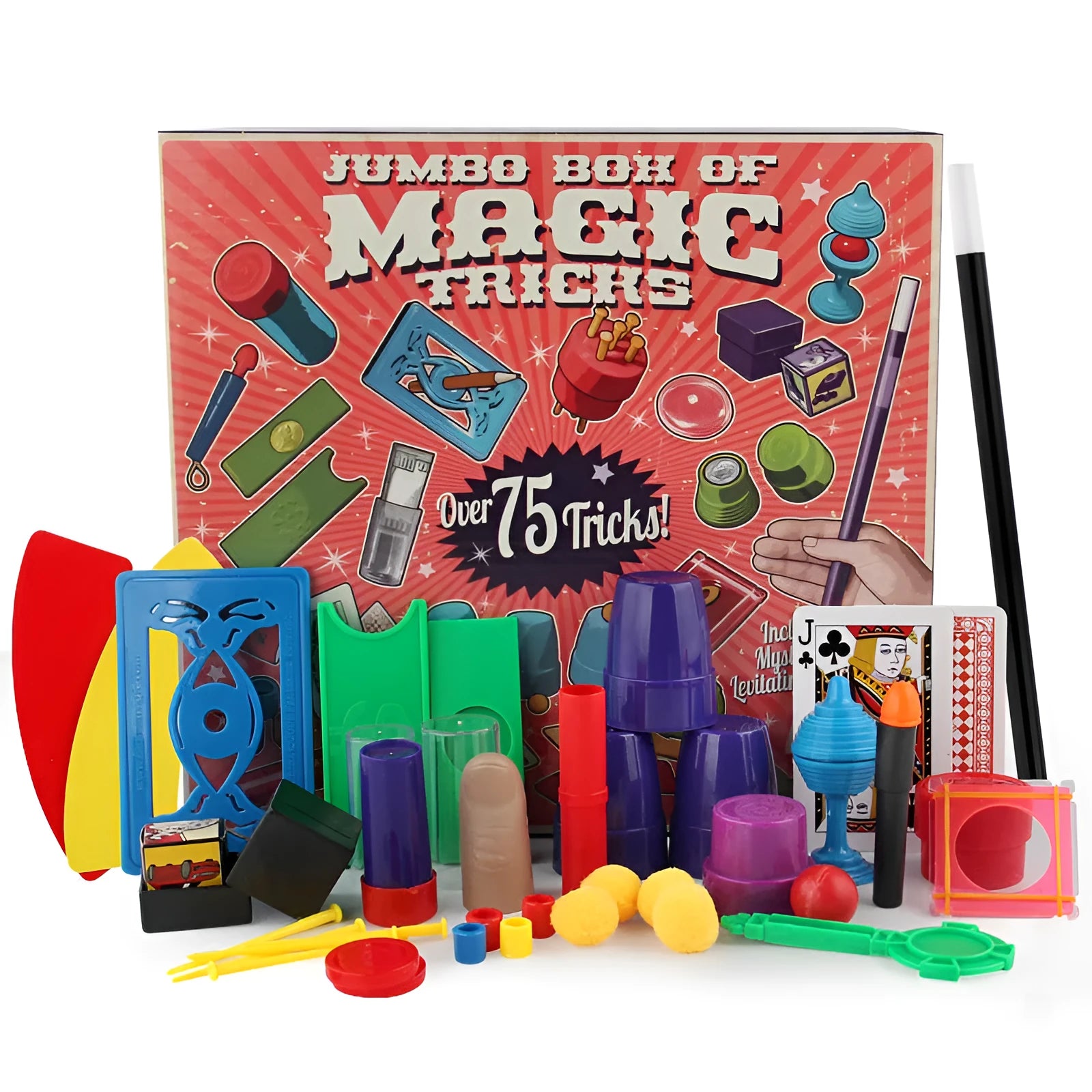Children's magic trick set with plastic props in purple or red colours for ages 3-7