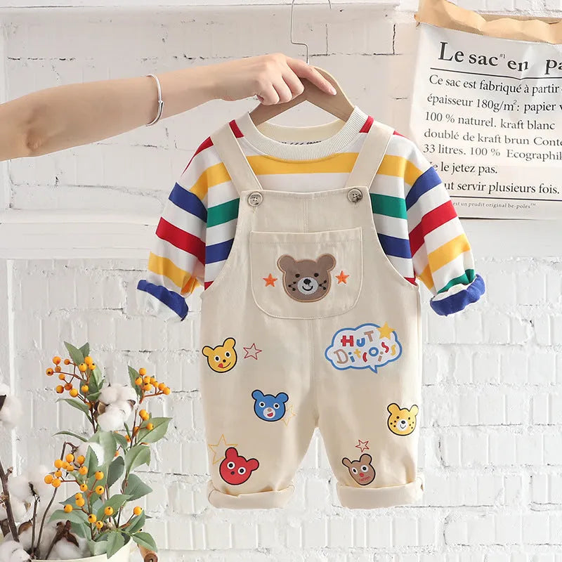Boys' cotton plaid overalls suit with shirt and strap pants in beige or yellow colour