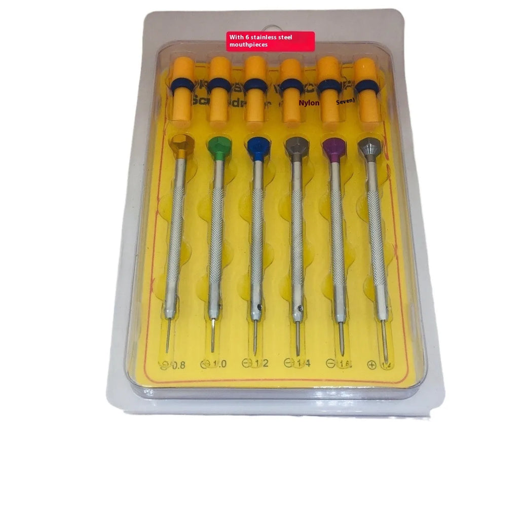 Six colour-coded aluminium handle watch repair screwdrivers with oxidation-treated steel tips.