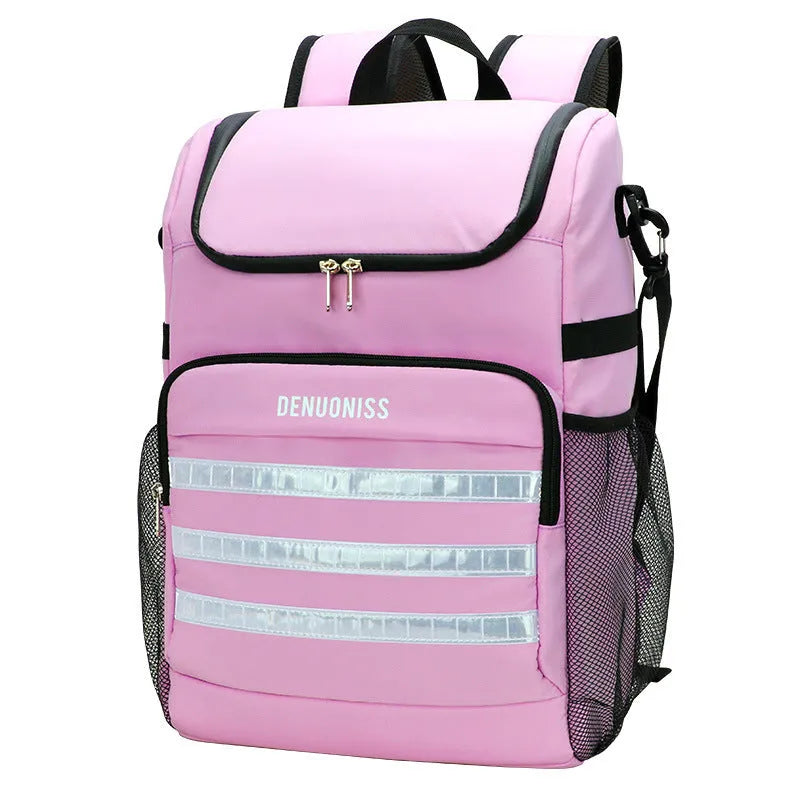 Waterproof insulated cooler backpack with mounted bottle opener in lake blue colour showing 20 litre capacity