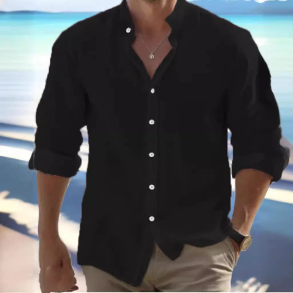 Men's light grey long-staple cotton button-front beach shirt laid flat.