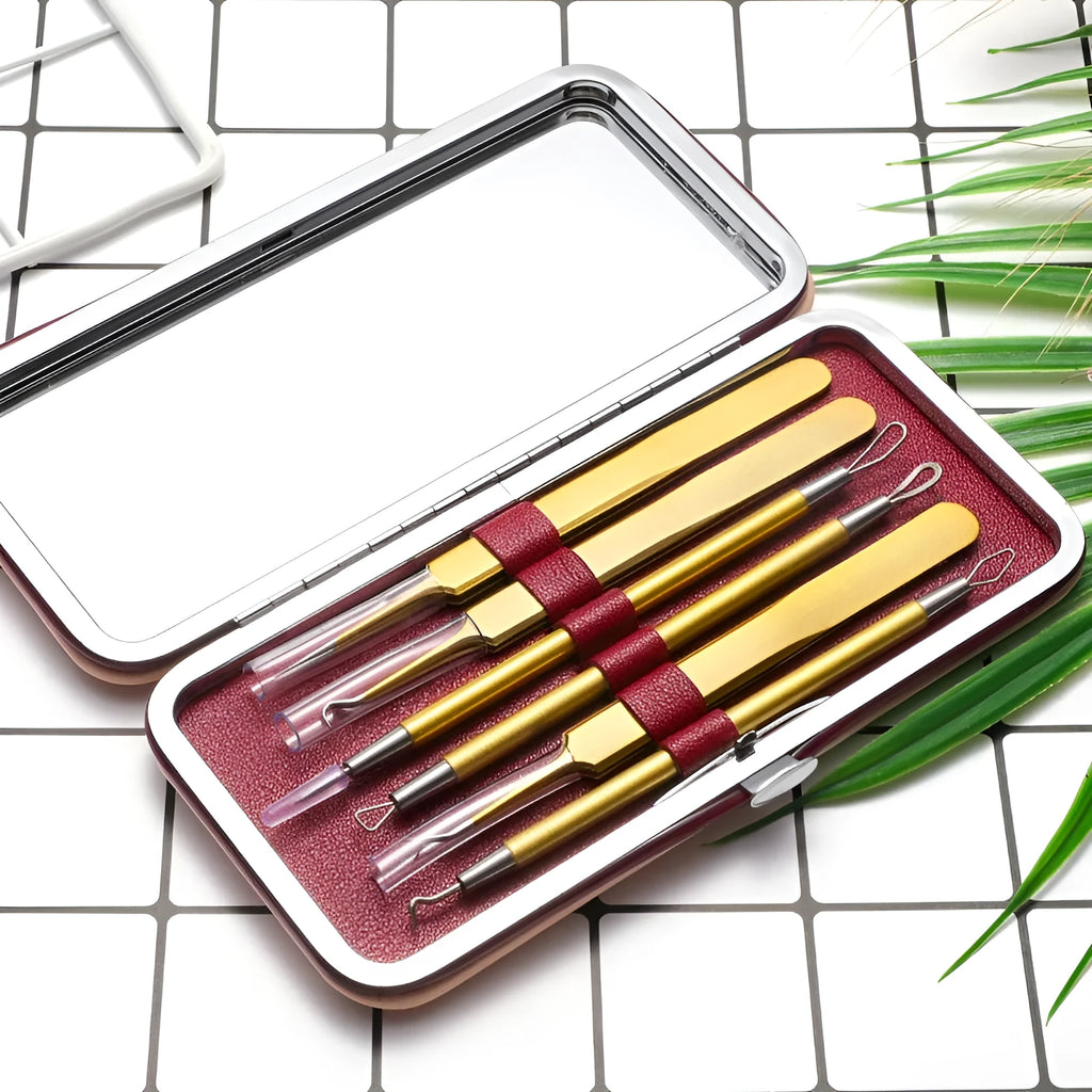 Six-piece stainless steel acne needle set in rose gold finish for blackhead and pimple removal