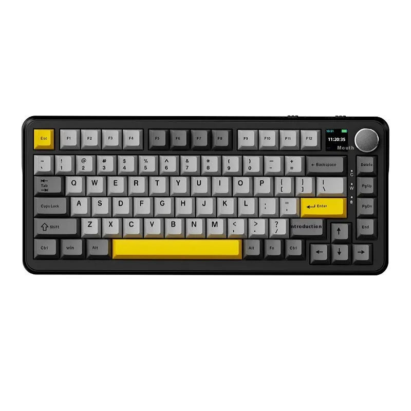 Three-mode mechanical keyboard in black, grey and yellow colour scheme with included accessories