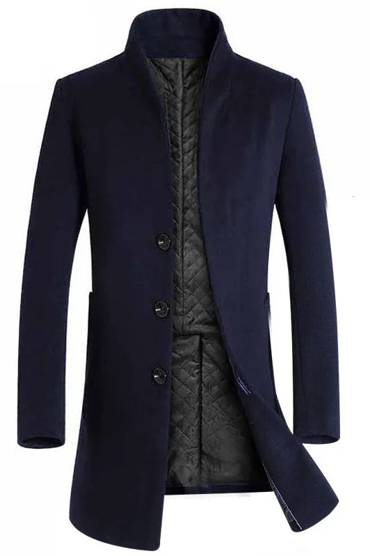 Men's long woolen trench coat in 825 Navy with notched lapel, single-breasted front, long sleeves, size M to 5XL