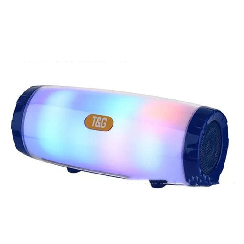 Portable Bluetooth speaker with LED coloured lamp in PU leather shell, showing compact design