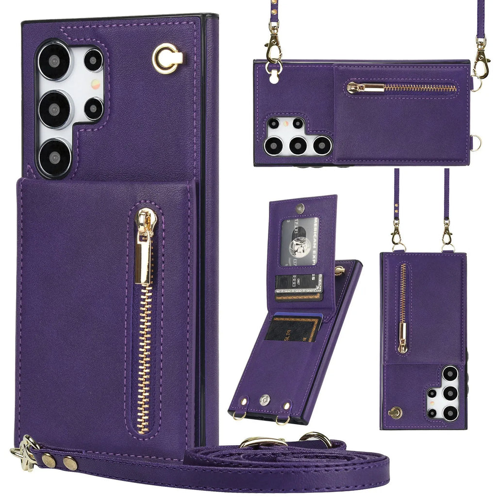 Black Samsung phone case with card slot, flip-out stand, and attached crossbody strap