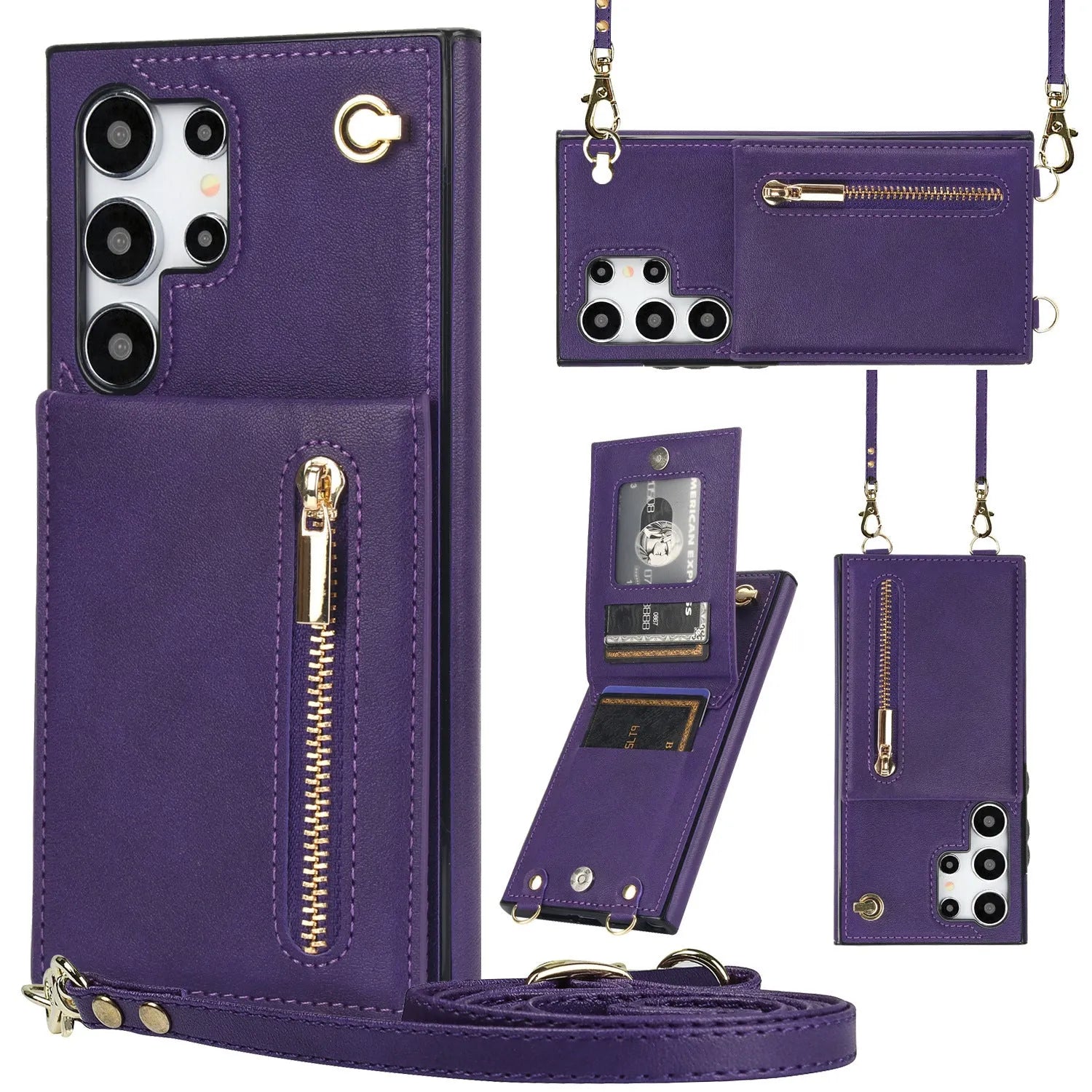Black Samsung phone case with card slot, flip-out stand, and attached crossbody strap