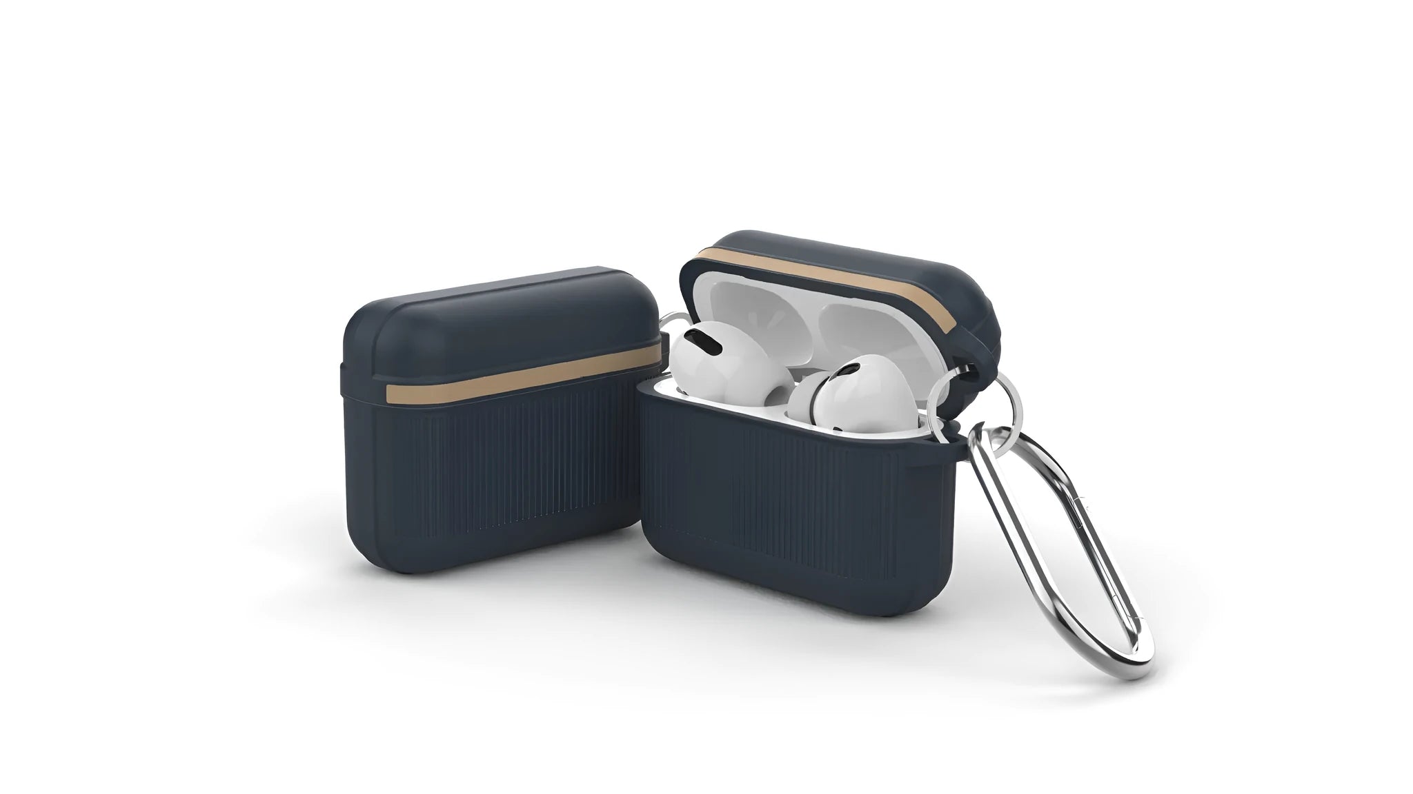 Silicone protective case for Apple AirPods in a clamshell design with a metal buckle attached.