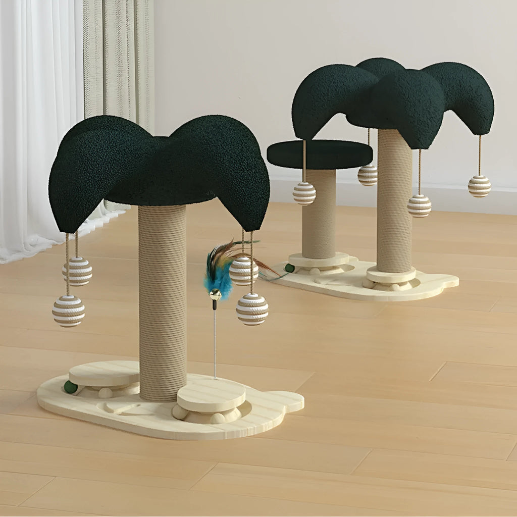 Solid wood cat climbing frame with sisal scratching post and turntable in a panda design.