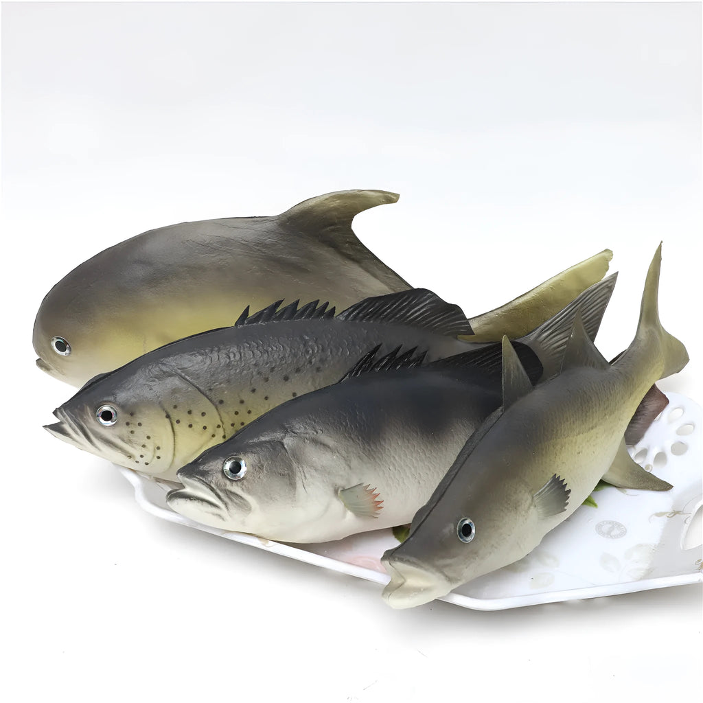 Three PU simulated tuna fish ornaments: yellow-fin tuna, yellow fin tuna, and small tuna models for marine displays