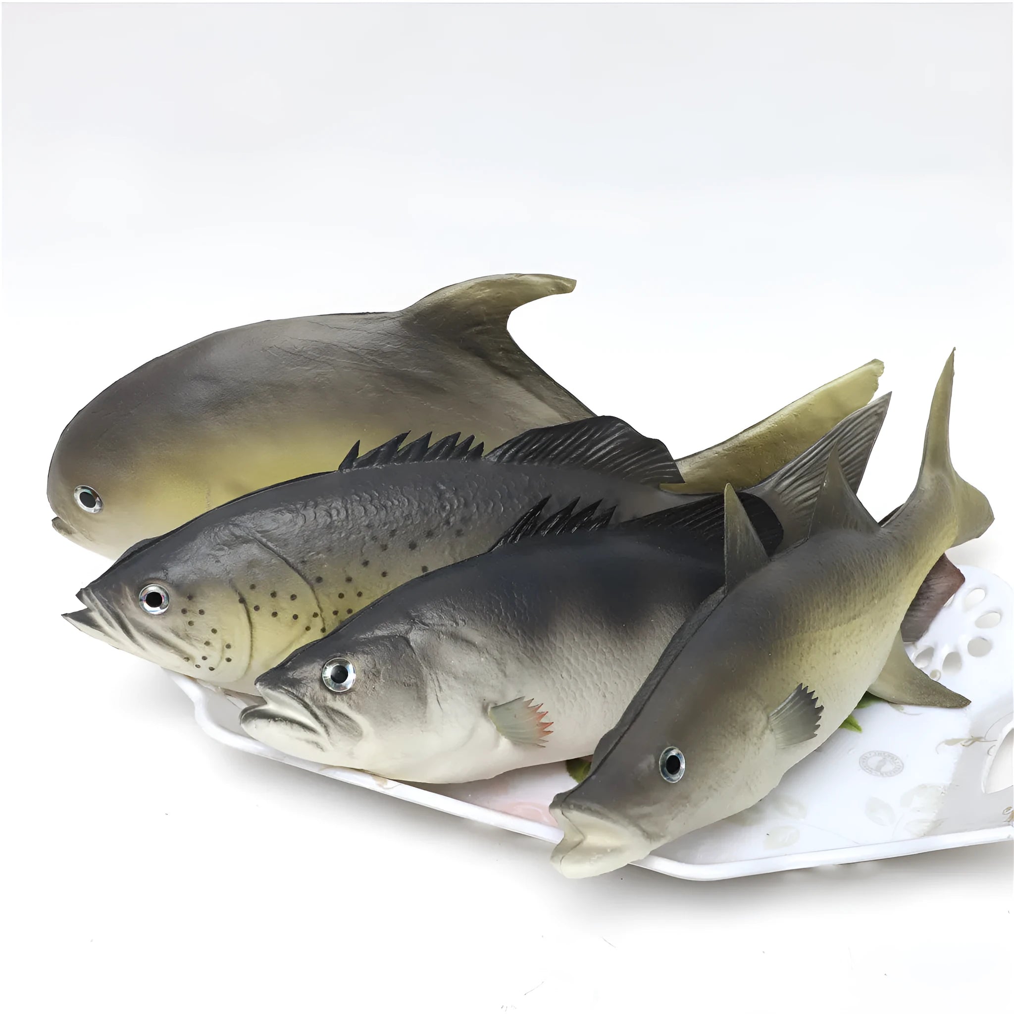 Three PU simulated tuna fish ornaments: yellow-fin tuna, yellow fin tuna, and small tuna models for marine displays