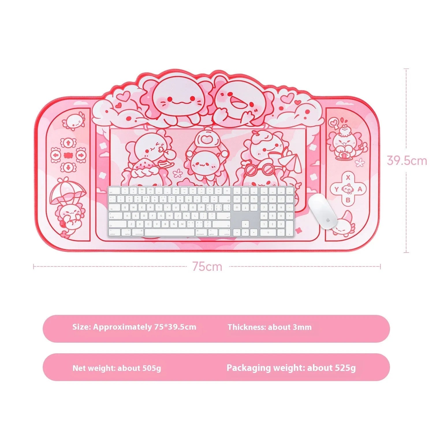 Large rectangular mouse pad with hexagonal crane machine and dragon doll cartoon print, measuring 75 by 40 centimetres.
