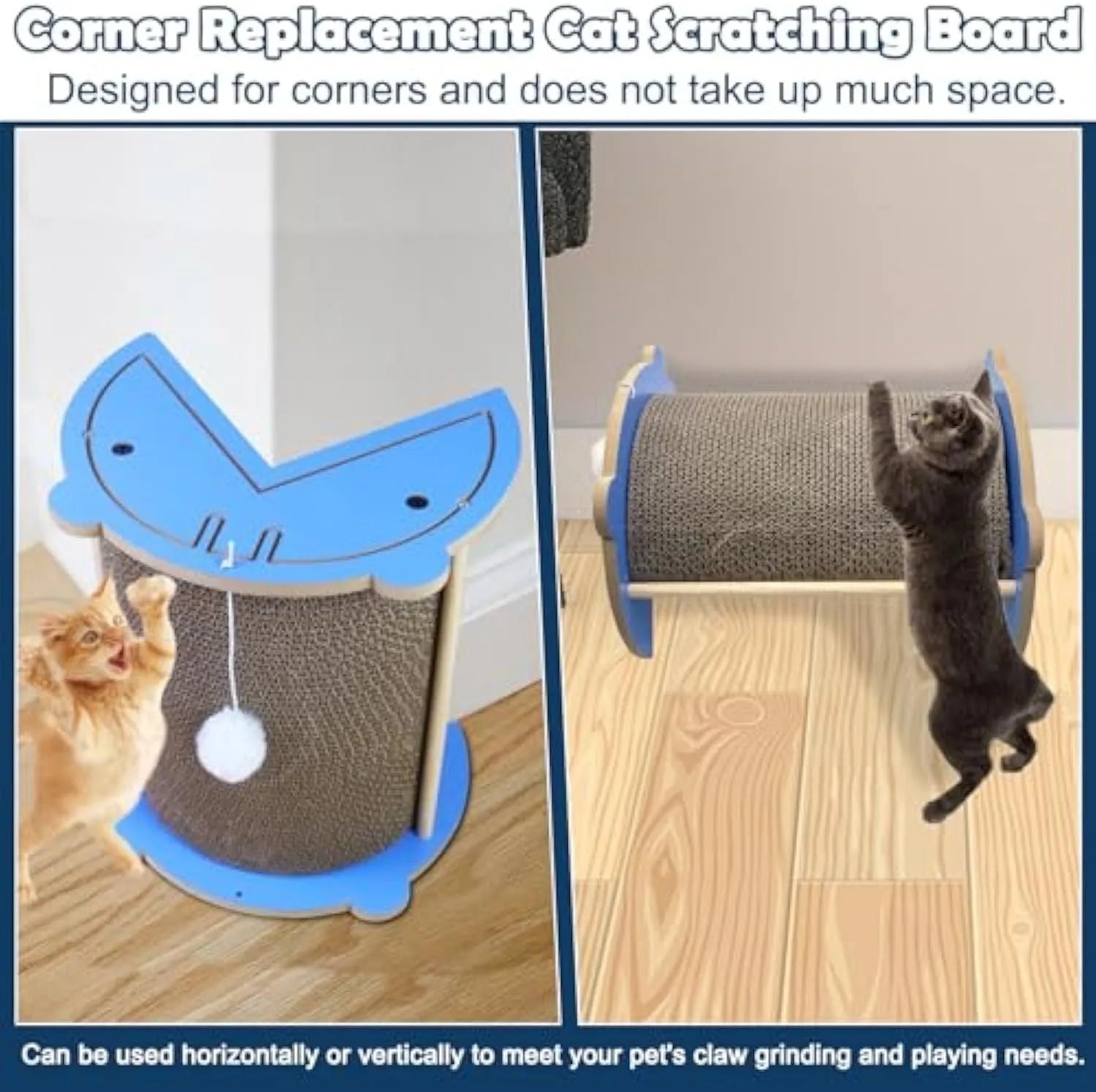 Cat corner scratcher cardboard pad for wall placement with hanging ball attachment