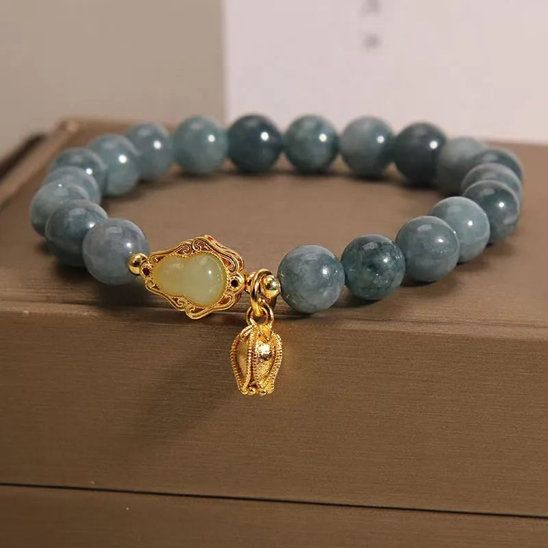 Women's sky blue natural stone bracelet with lotus pendant and electroplated finish