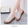 Women's peep toe rocking bottom platform heel slippers in beige with ethnic pattern, PU upper and rubber sole