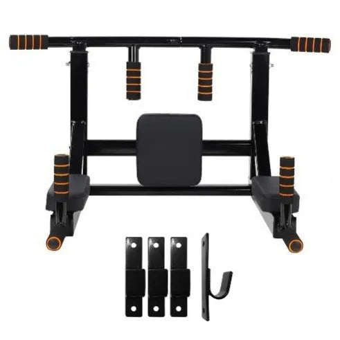 Black steel single parallel bars pull-up bar and sandbag rack mounted on a wall.