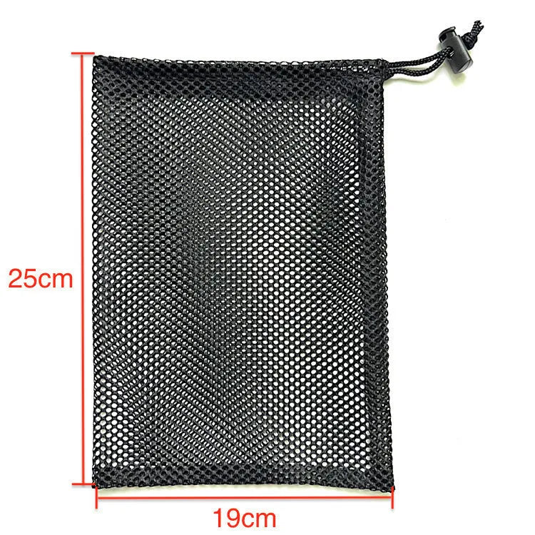 Black mesh drawstring storage bag for children's water ball toys, shown in three size options.