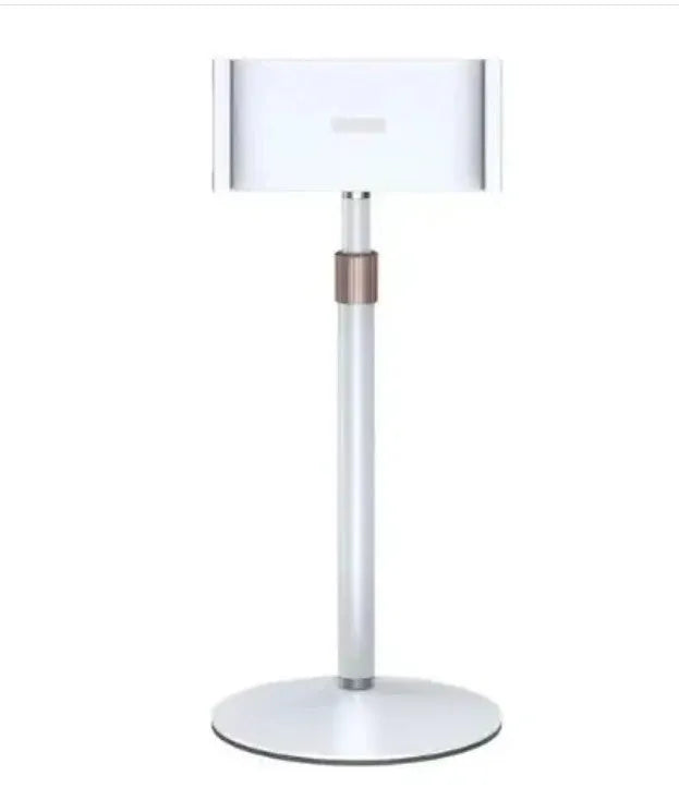 Black telescopic metal bracket holding an 11-inch tablet, extended on a wooden desk.